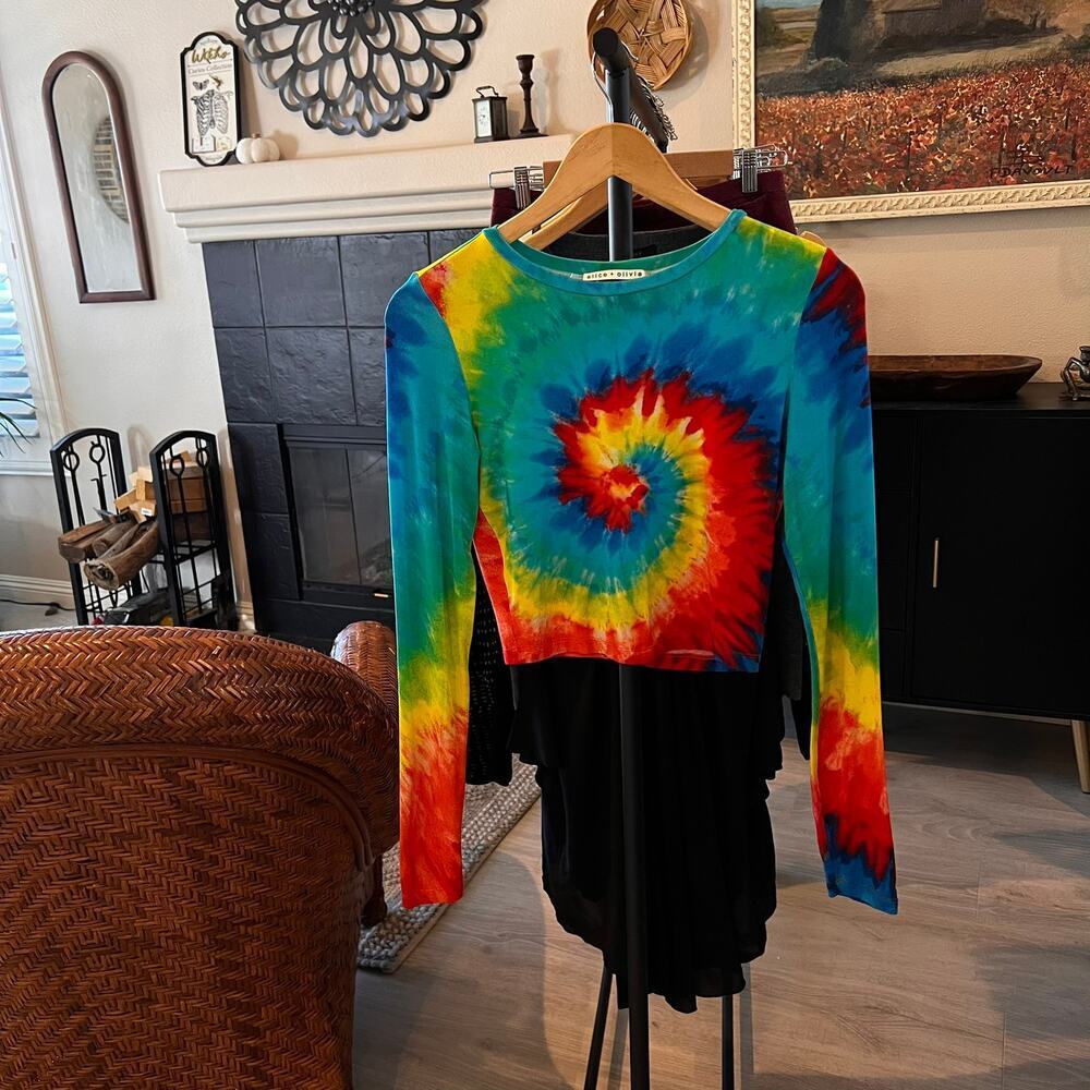 Alice + Olivia Tee Womens Size XS/TP Delaina Rainbow Tie Dye Cropped Long Sleeve - Picture 16 of 16